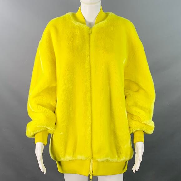 TIBI Size M Yellow Acrylic Textured Faux Fur Zip Up Oversized Bomber Jacket - Picture 1 of 9